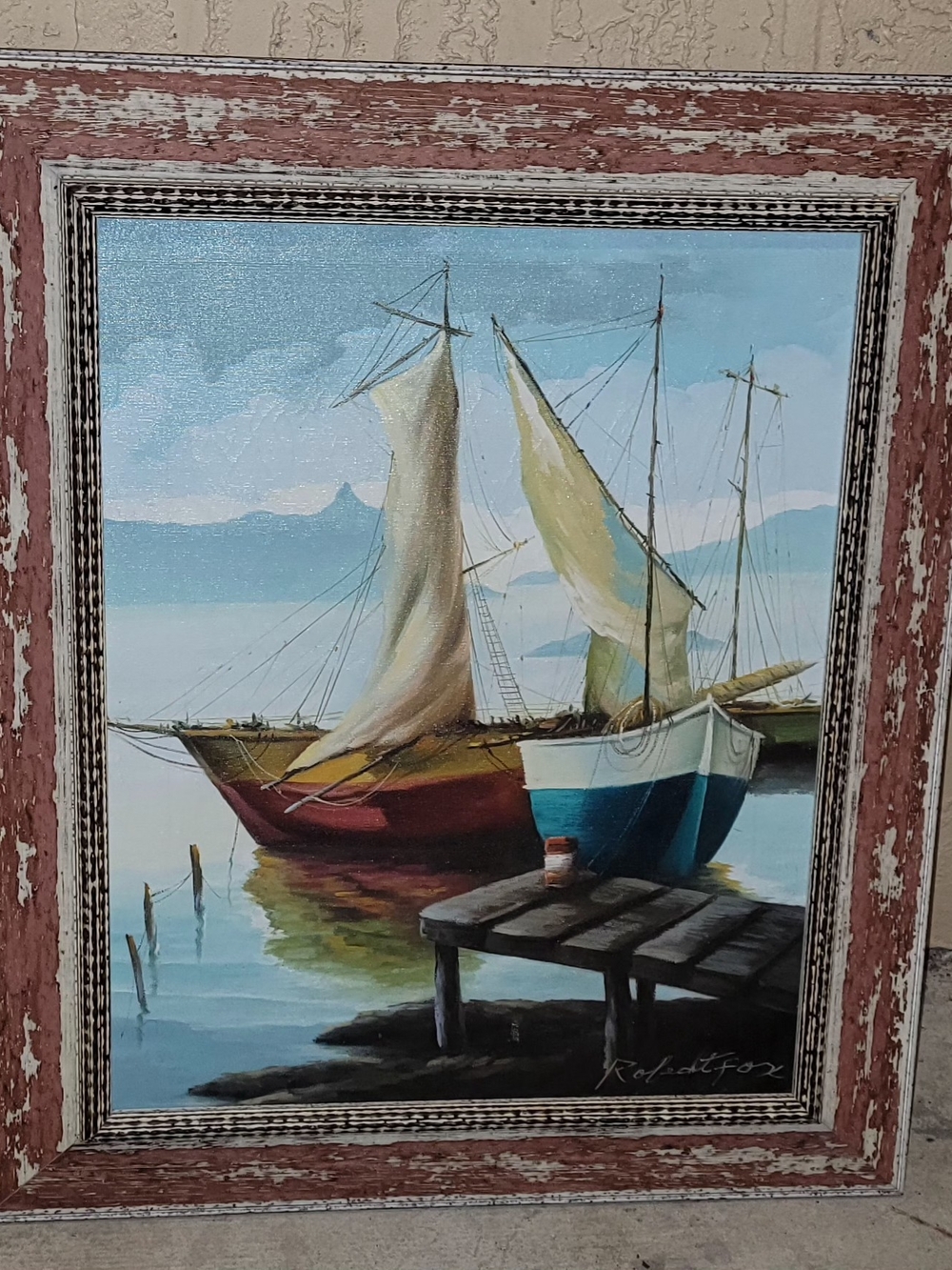 VINTAGE  Sailboat OIL ON  Canvas PAINTING SIGN BY RAFEAL FOX 22X26" FRAMED